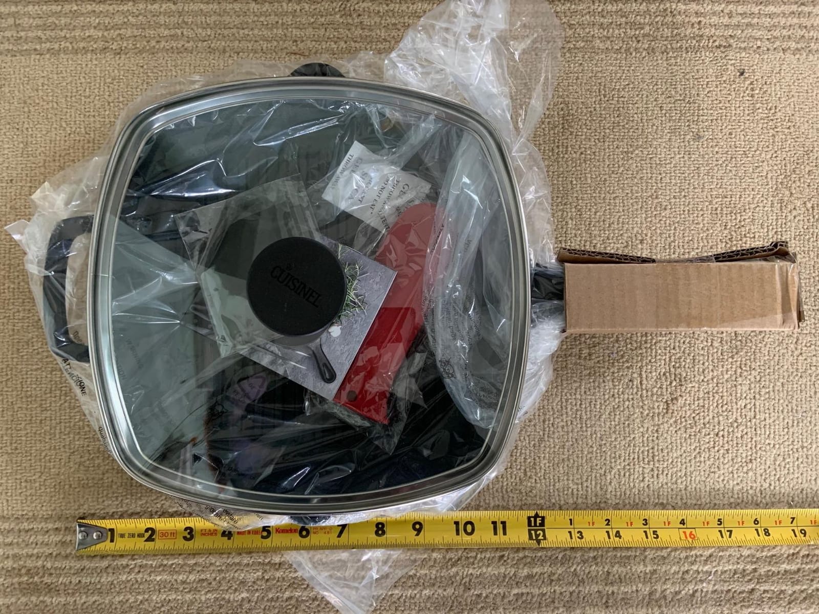 Cuisinel Cast Iron Square Grill Pan + Glass Lid + Pan Scraper + Handle Cover - 10.5
