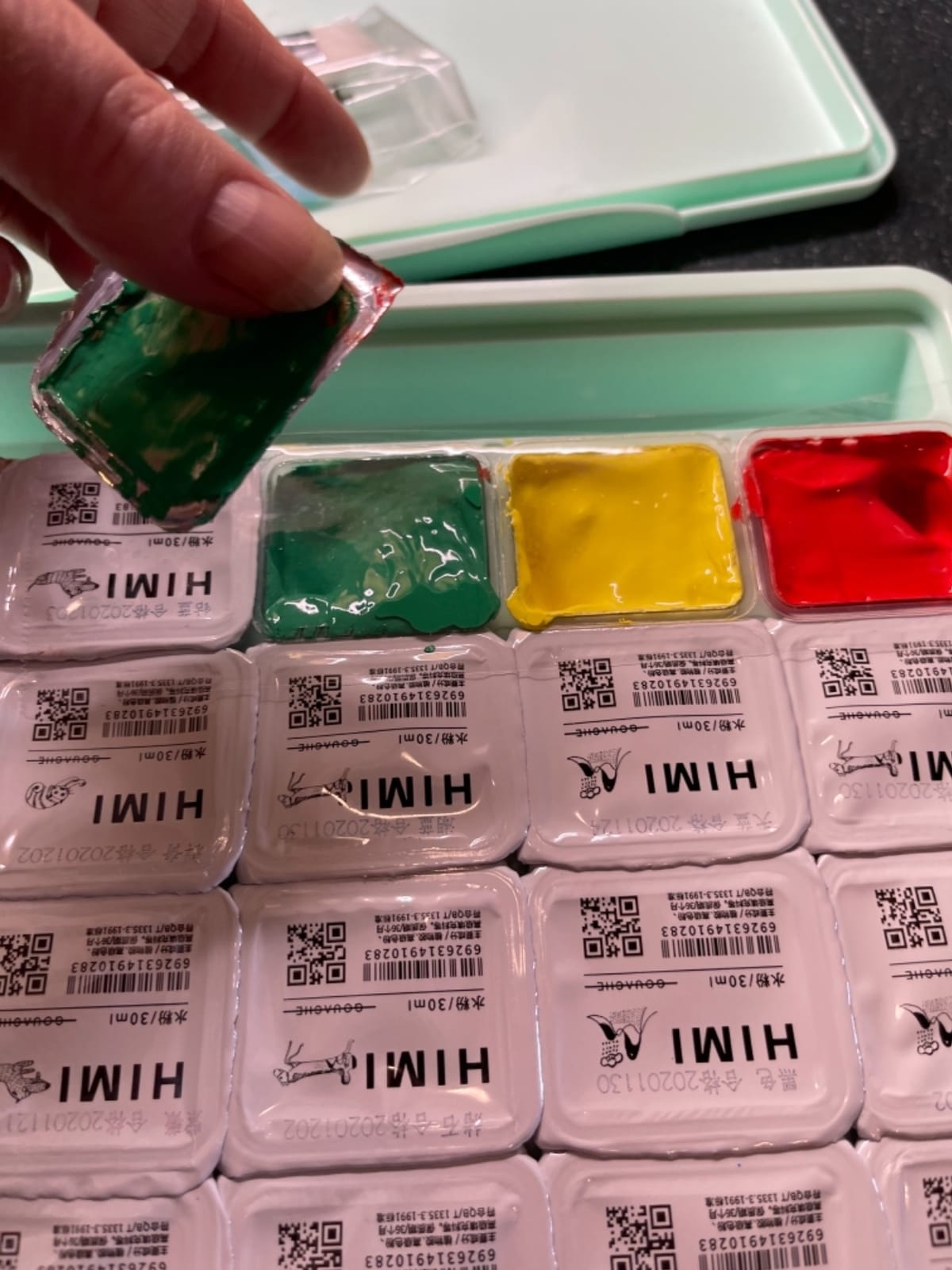 HIMI Gouache Paint Set, 24 Colors x 1 oz, Jelly Cup, Non-Toxic(Green) | 3 brushes and palette, Opaque matte finish, smooth blending, low odor, portable case, for students and beginners customer photo 1
