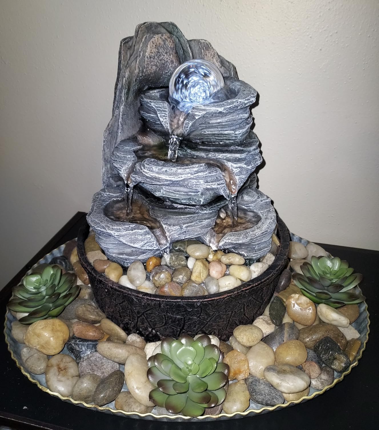 Rockery Indoor Water Fountain, Zen Meditation Tabletop Fountain with LED Lights & Crystal Ball for Home Office Bedroom 9 4/5