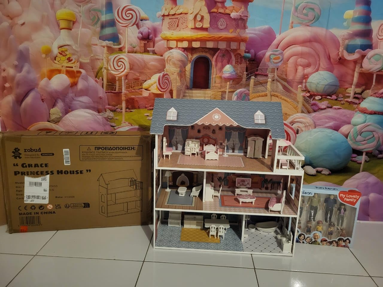 ROBUD Wooden Dollhouse with Furniture Blue for Girls 3-6 customer photo 2