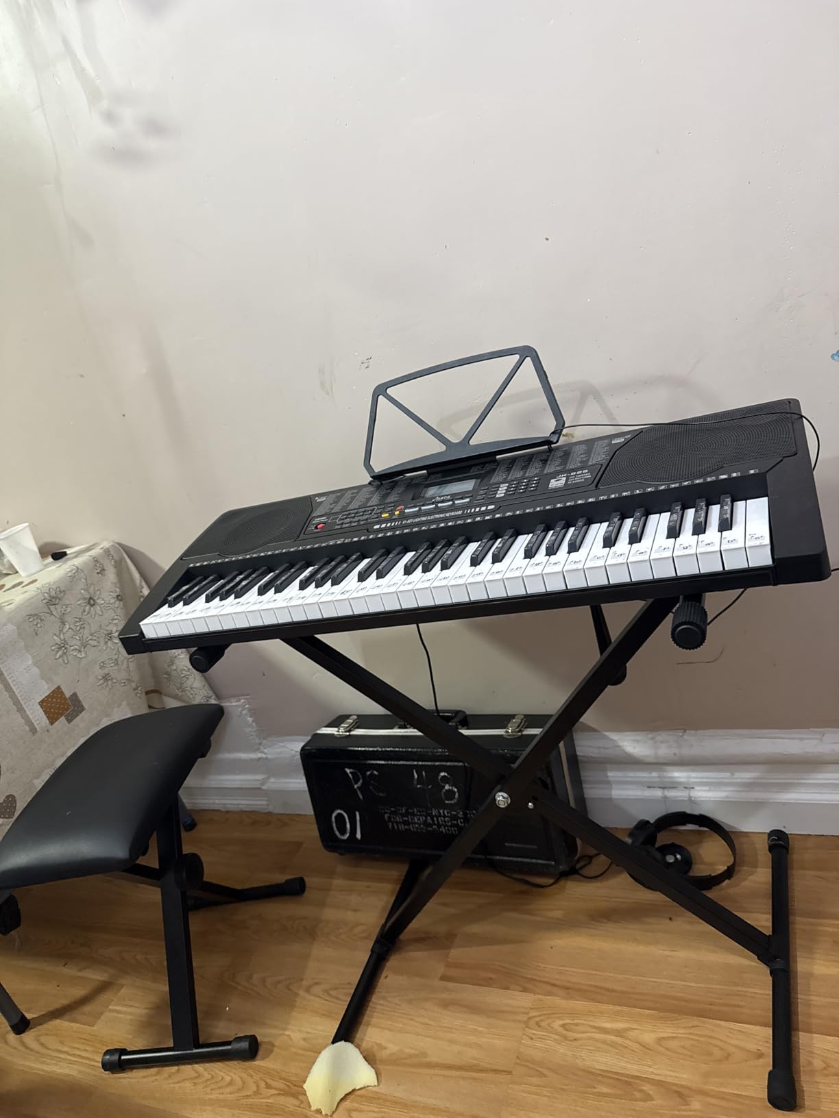 JIKADA 61 Key Portable Electronic Keyboard Piano, 3 Teaching Modes | Electric Keyboard Piano Set w/Lighted Keys, Stand, Stool, LCD Screen, Built-In Speakers, Headphones, Microphone, Note Stickers customer photo 2
