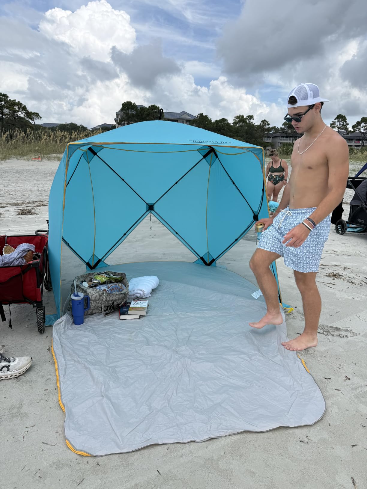 Old Bahama Bay Pop Up Beach Tent, Portable Shade Sun Shelter UPF50+ UV Protection for 4 Person Extendable Floor for Fishing Hiking Camping, Waterproof Windproof(Blue) customer photo 1