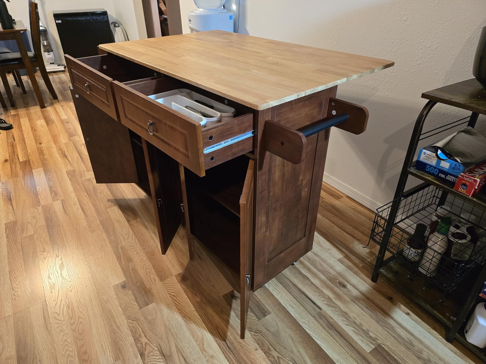 Qsun Kitchen Island with Drop Leaf and Storage, on Wheels Two Drawers, Large Storage Cabinet, Towel Rack Spice Cart Brown customer photo 1
