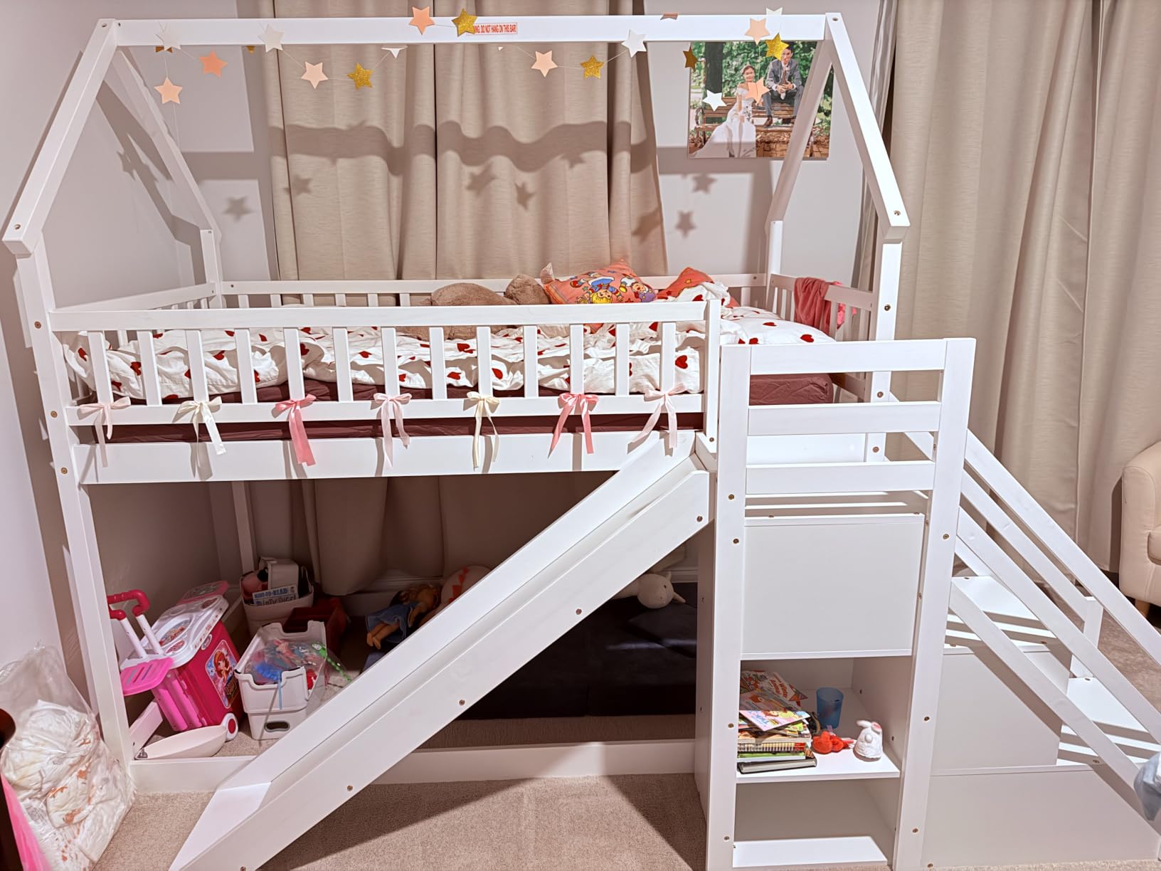 KOMFOTT Wood Twin Over Full House Bunk Bed with Built in Ladder, Solid Pine Wood Bunk Bed Frame with Safety Guardrails, House Bunk Bed Frame for Kids, Teens, Juniors, No Box Spring Needed (White) customer photo 1