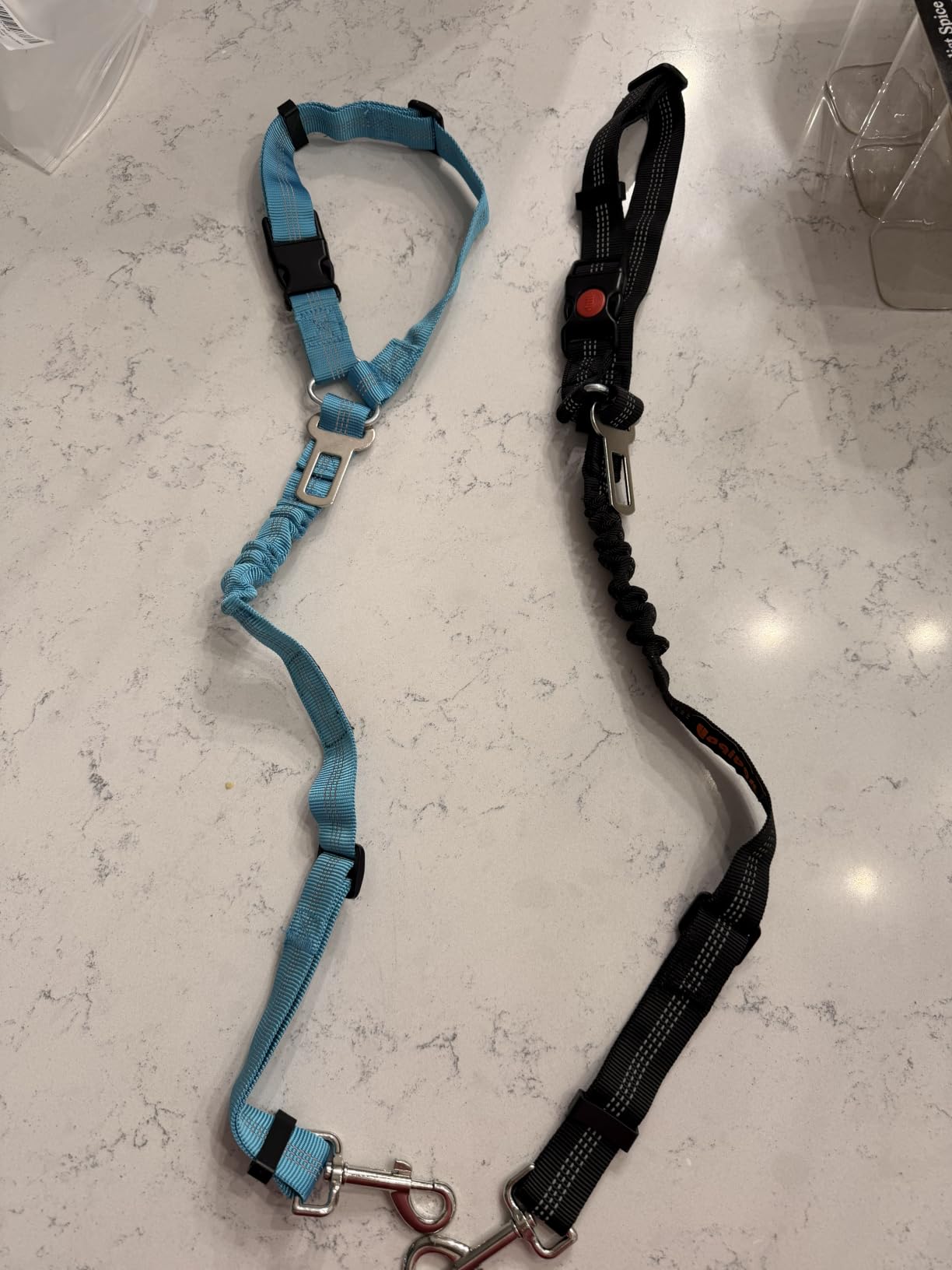 Removable Dog Seat Belt Harness for Car, 3 in 1 Pet Dog Car Seatbelt Leash, Retractable Restraint Secures to Vehicle Headrest & Adjustable Reflective Bungee Dog Seatbelt Tether, Blue and Black customer photo 2