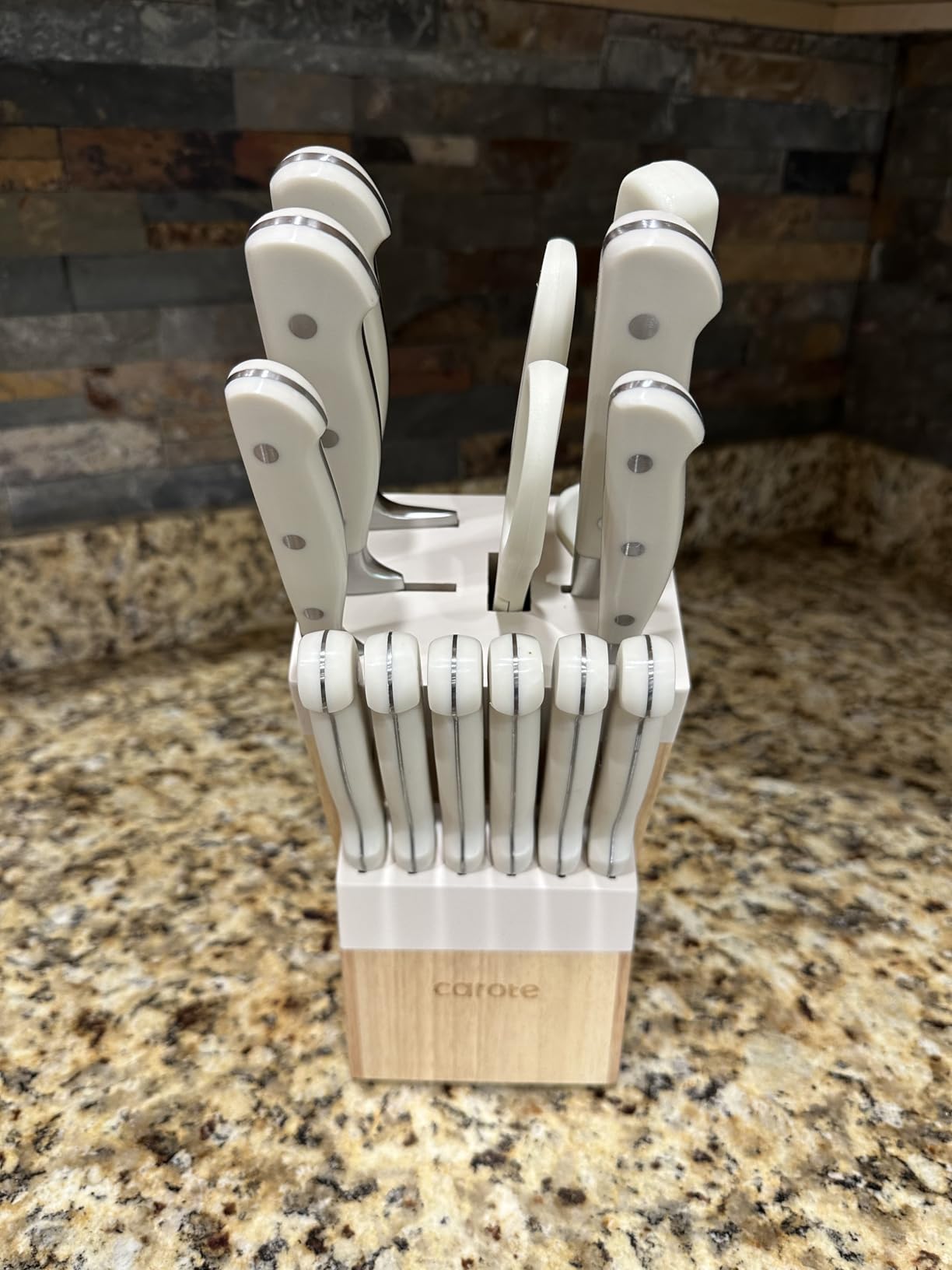 CAROTE 14-Piece Knife Set with Wood Block, Rust-Resistant, Cream customer photo 1