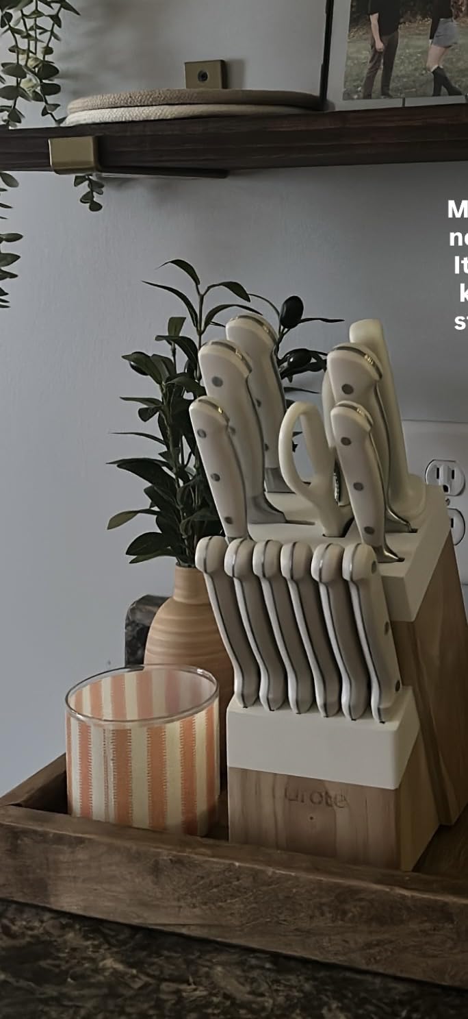 CAROTE 14-Piece Knife Set with Wood Block, Rust-Resistant, Cream customer photo 2