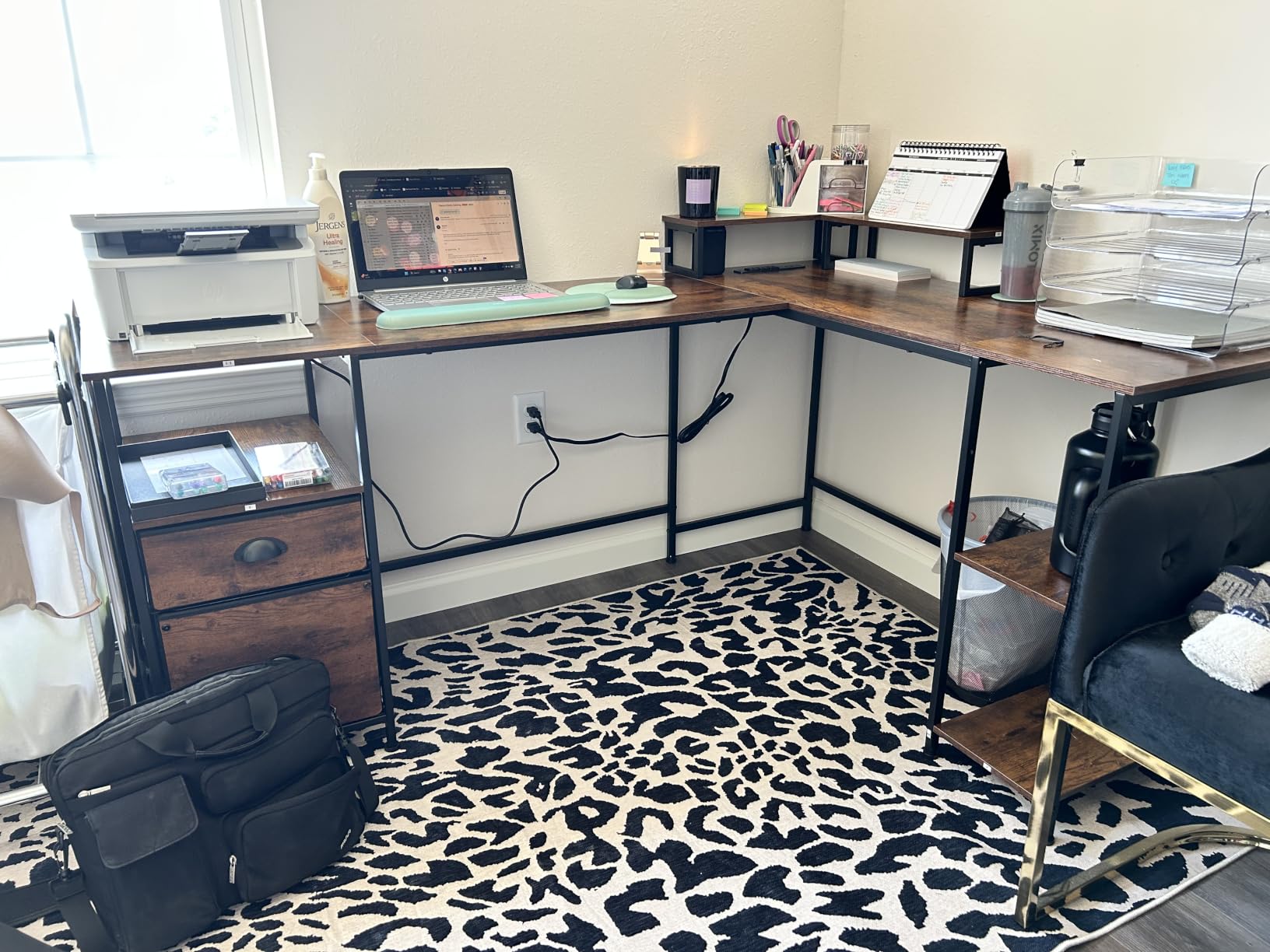 Furologee 66'' L Shaped Desk with Power Outlet and 2 Drawers, Rustic Brown customer photo 1