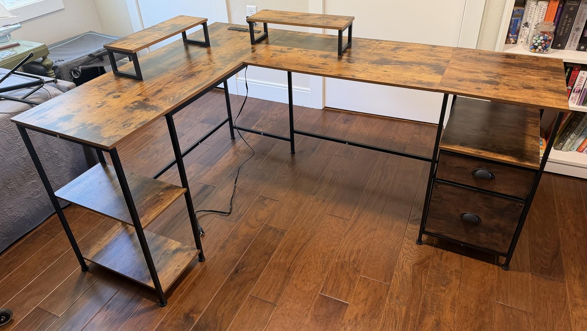 Furologee 66'' L Shaped Desk with Power Outlet and 2 Drawers, Rustic Brown customer photo 2