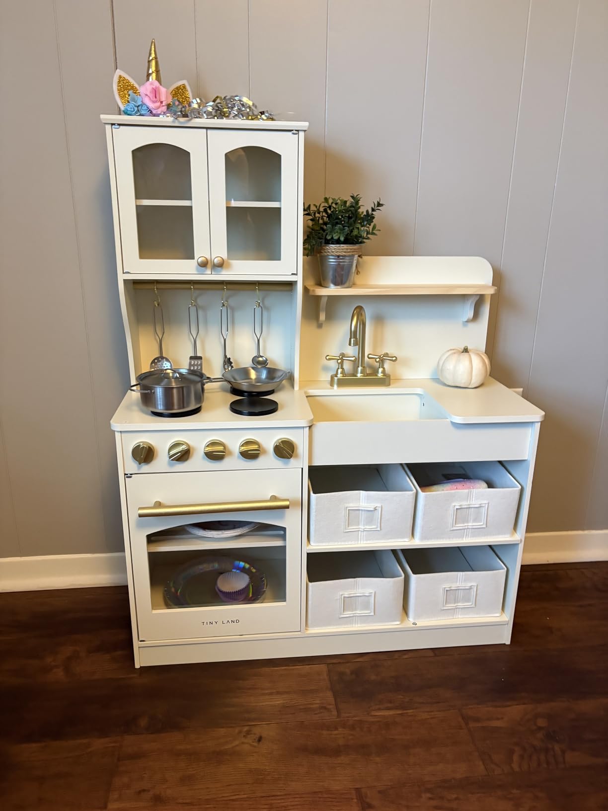 Tiny Land Wooden Play Kitchen for Kids with Toy Storage for Pretend Play | Built-In Cabinets, Felt Bins & Cookware Accessories Make Cleanup Easy While Encouraging Organizational Skills customer photo 1