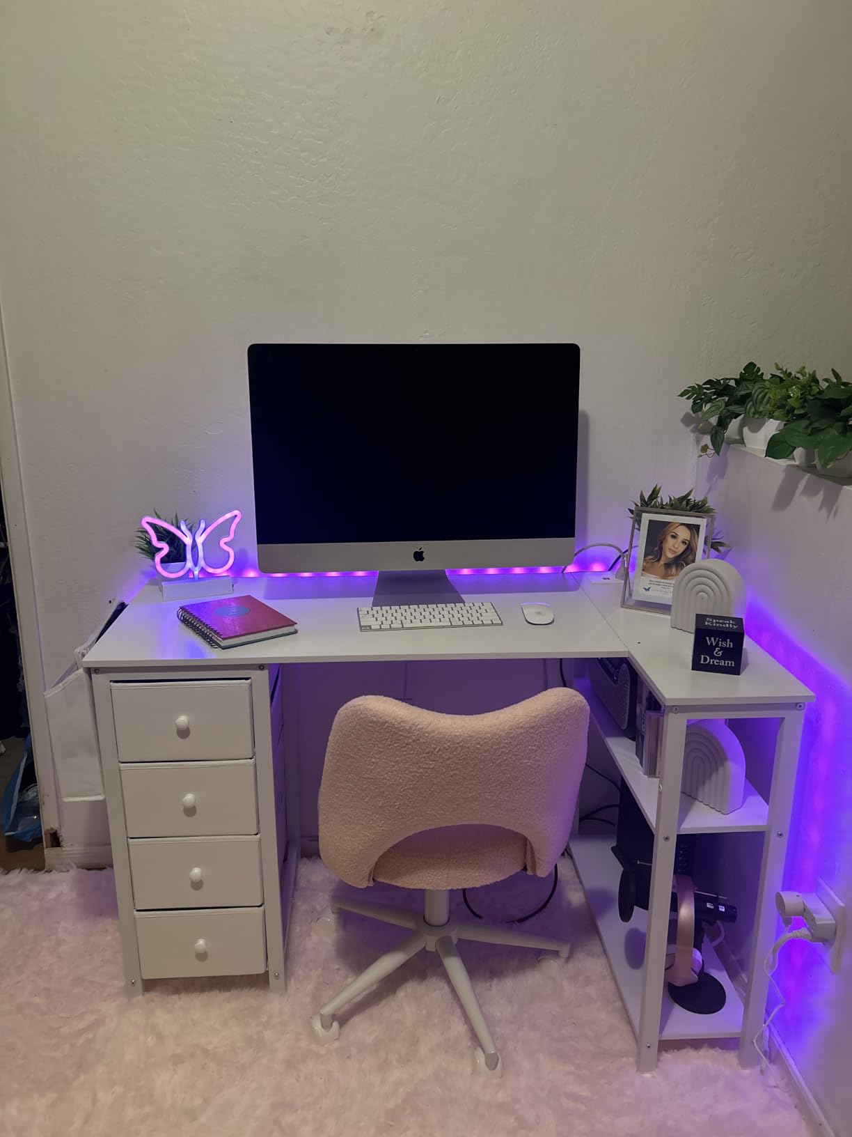 Lufeiya White L Shaped Computer Desk with Drawers & Storage Shelves, 47 Inch Corner Reversible Desk with Power Outlet for Home Office Bedroom, L-Shaped Teen PC Desks with Fabric Drawer, White customer photo 1