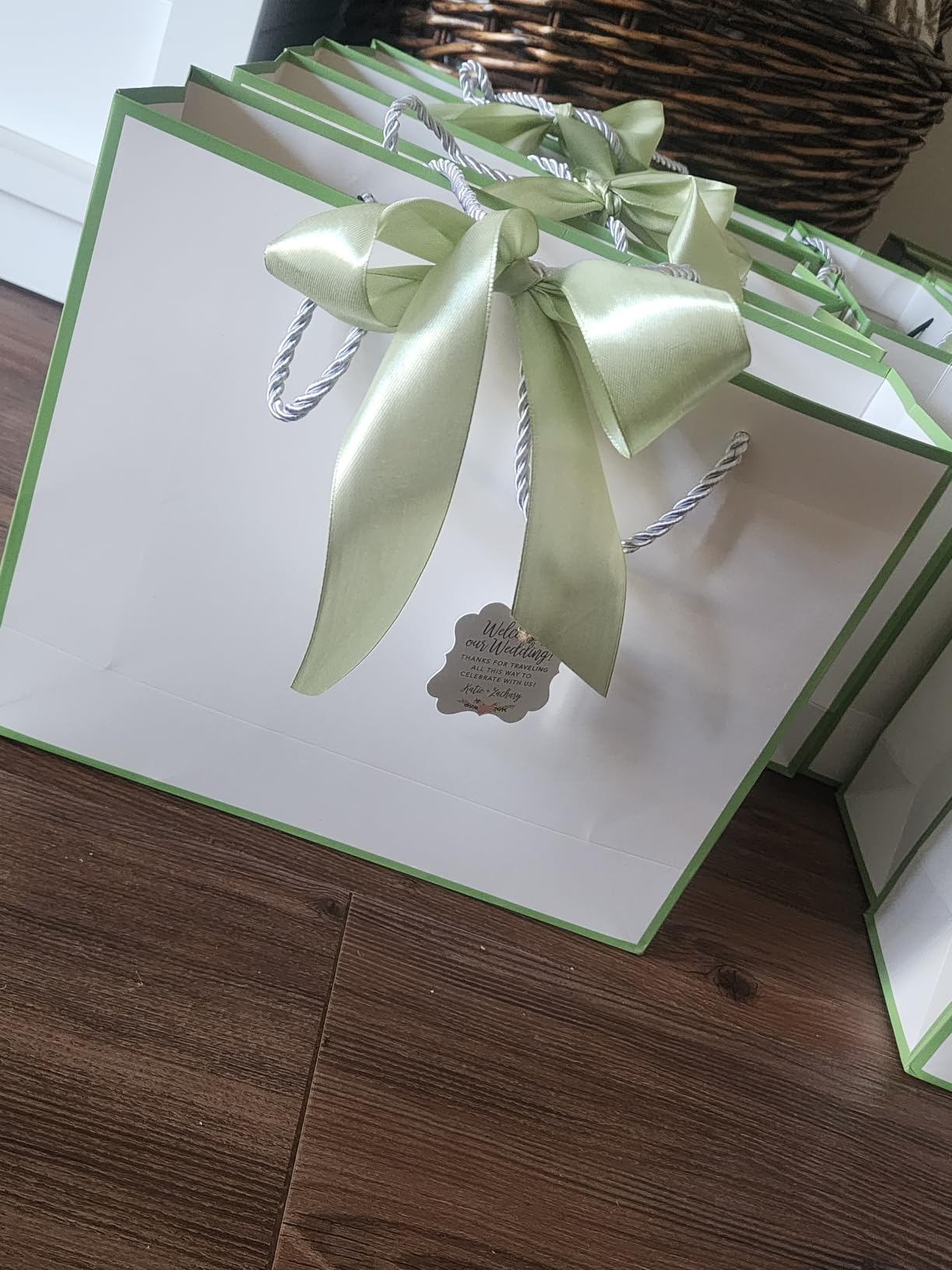 Silkfly 12 Pcs Paper Gift Bags with Handles & Bow Ribbon, White, Sage Green | 12x10x4'', Bridesmaid Gift Bag, Sturdy Paper Material, Elegant Wedding Welcome Bag for Guest, Groomsmen Thank You Xmas Gift customer photo 1