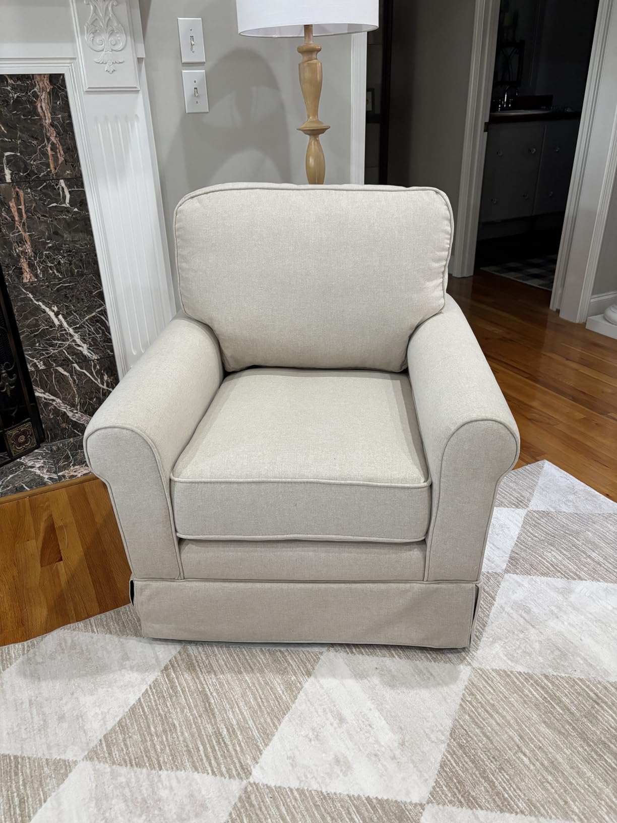 INZOY Swivel Accent Chair Linen Mid Century Modern Chair, Comfy Swivel Barrel Reading Chair, Upholstered Square Chair for Living Room Bedroom Small Spaces, Fully Assembled, Blue Stripe customer photo 2