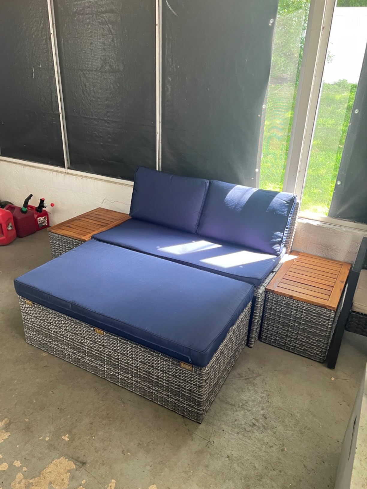 Flamaker Outdoor Rattan Daybed with 2 Side Tables, Wicker Patio Sofa with Storage Ottoman, Cushions, Sunbed Wicker Furniture Chaise Lounge Chair for Backyard Porch Poolside (Beige) customer photo 1