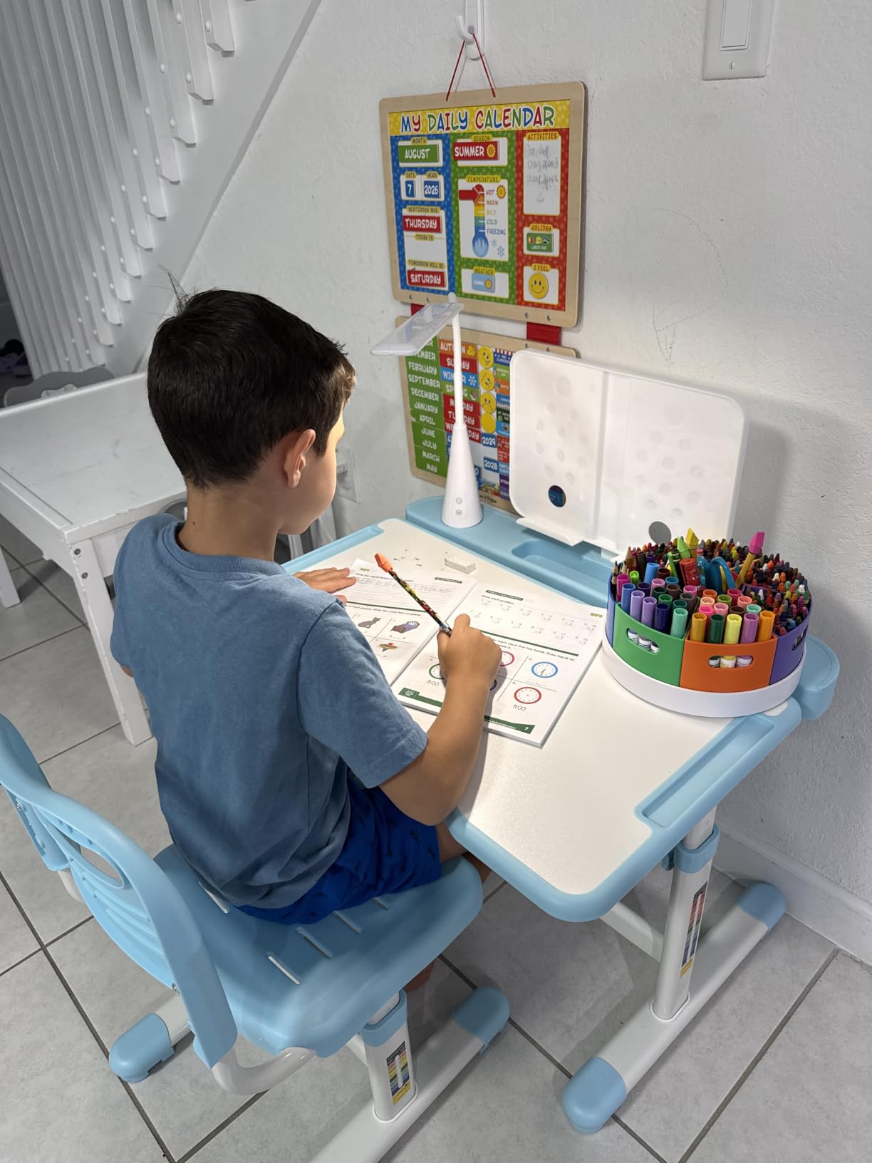 Rengue Kids Desk and Chair Set, Height Adjustable Children School Functional Study Desk with 55° Tiltable Desktop, 3 Modes & Brightness LED Light, Storage Drawer & Metal Hook for Boys Girls (Pink) customer photo 1