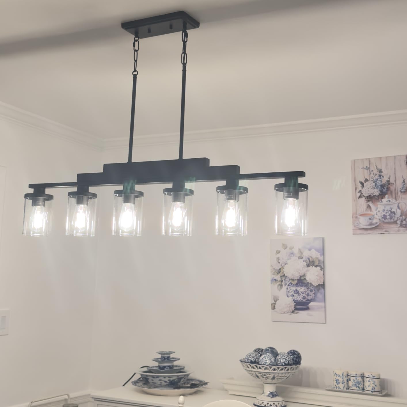 Wood Island Light for Kitchen/Restaurant,3-Light Farmhouse Dining Room Fixture/Chandelier Over Table/Bar,Matte Black Industrial Linear Pendant Lighting Fixtures Ceiling Hanging with Glass Shade-E26 customer photo 1