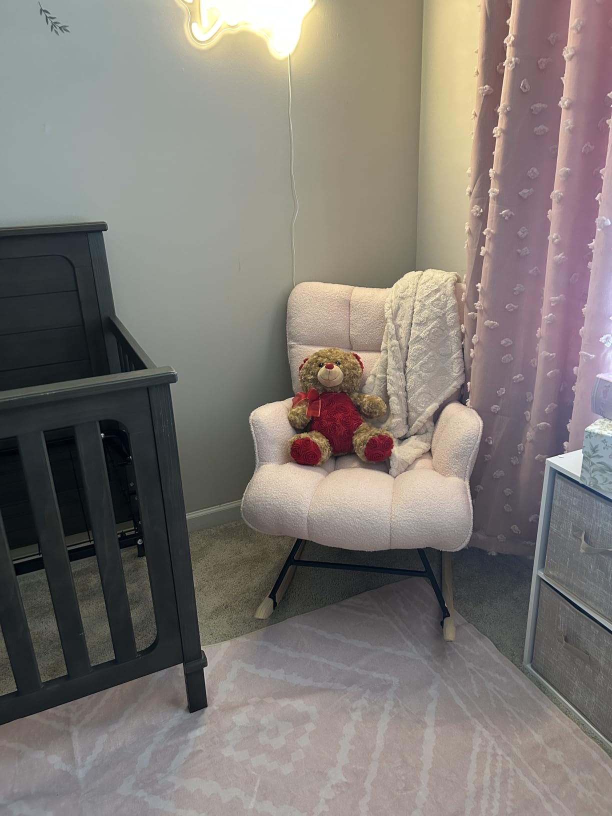 SAETSFEG Rocking Chair Nursery Teddy Upholstered Glider Rocker Rocking Accent Chair Padded Seat with High Backrest Armchair Comfy Side Chair for Living Room Bedroom Offices (Grey Teddy) customer photo 2
