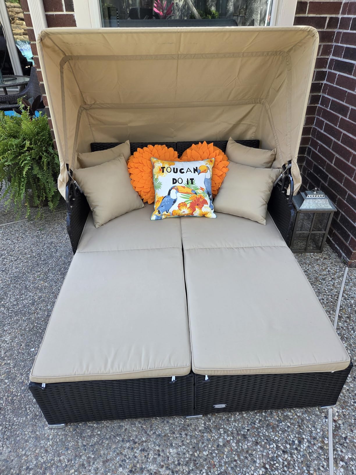 Tangkula Patio Rattan Daybed with Retractable Canopy, Outdoor Wicker Sunbed Lounger with 2 Foldable Side Tables, Thick Seat & Back Cushions, Outside Double Daybed for Garden, Backyard, Porch customer photo 2