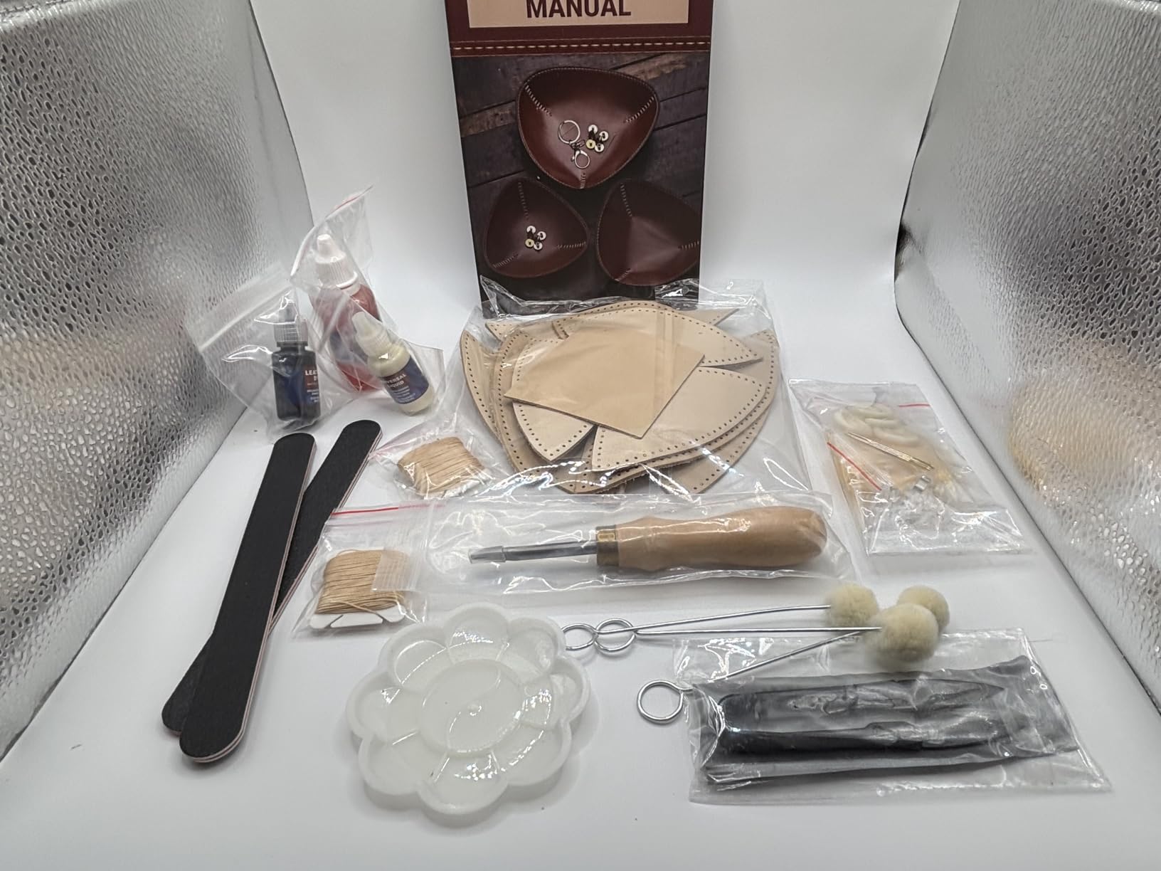 CBHGFEA Leather Crafting Kit, Leather Working Tools Supplies Tooling Kit | Leather Kit for Beginners Stamping Dyeing Carving Sewing with Video Tutorials for Earrings Wallet Keychain Wristband Bookmark customer photo 1