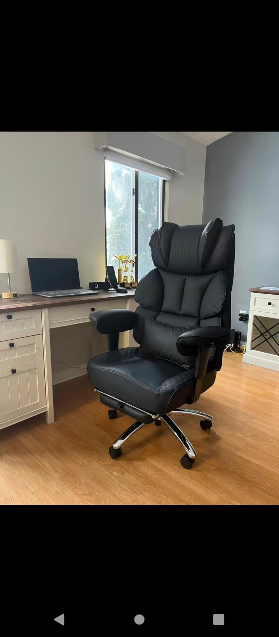 Office Desk Chair, Big and Tall Leather Gaming Chair with Footrest, Wide Ergonomic Comfy Executive High-Back Reclining Computer Chairs, Swivel Rolling Wheels and Padded Lumbar Support, Black Updated customer photo 1