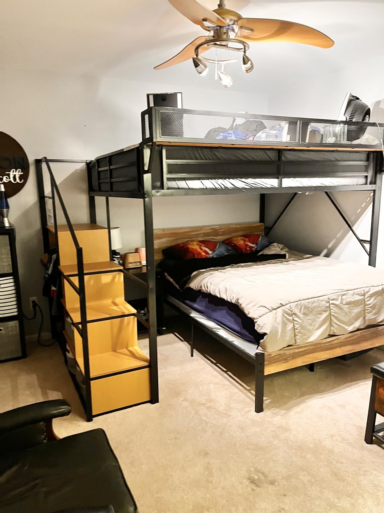Mirightone Full Size Loft Bed with Stairs and Storage, Metal Loft Bed Frame with Bedside Shelf and Large Under-Bed Space, Heavy-Duty Bed for Adults Teens and Kids, Convertible Staircase, Black customer photo 2