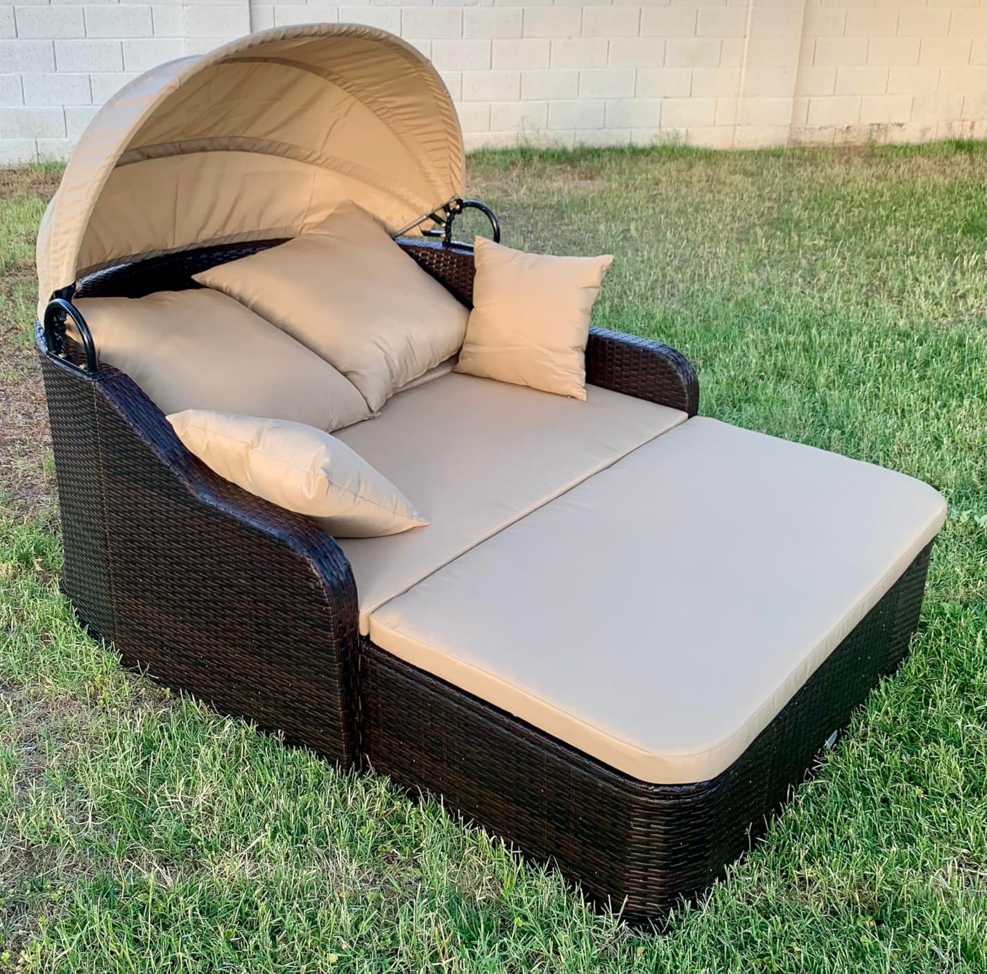 Moccha Outdoor Daybed with Retractable Canopy - PE Rattan Double Chaise Lounge w/ Soft Cushions, Pillows, Ottoman, Outside Sunbed, Wicker Loveseat Sofa, Sectional Conversation Set, Patio Furniture Set customer photo 2