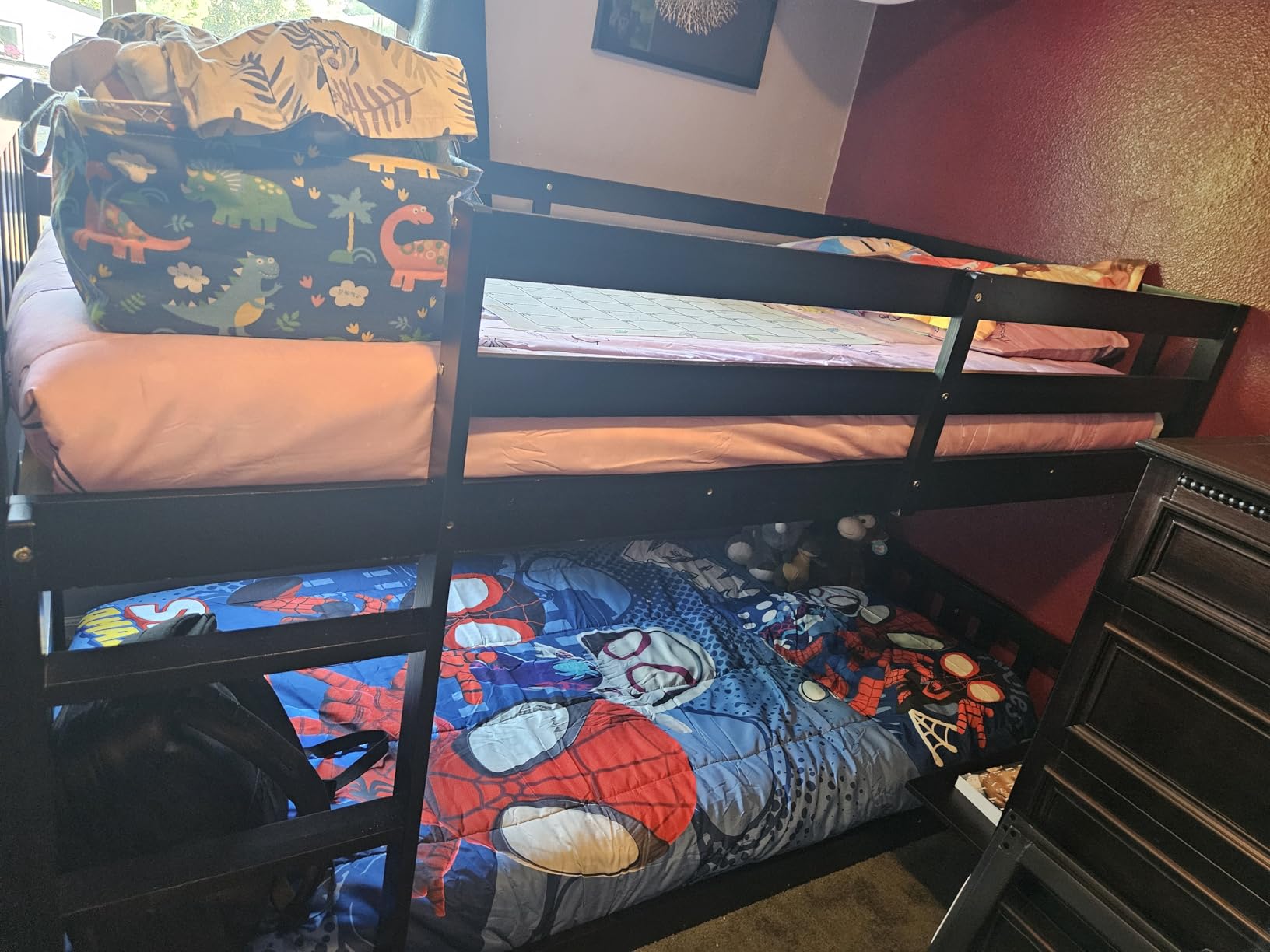 JOYMOR Solid Wood Low Twin Over Twin Bunk Bed for Kids/Junior, Bunk Bed Frame with Guardrails & Ladder for Boys Girls, No Box Spring Needed (Black) customer photo 1