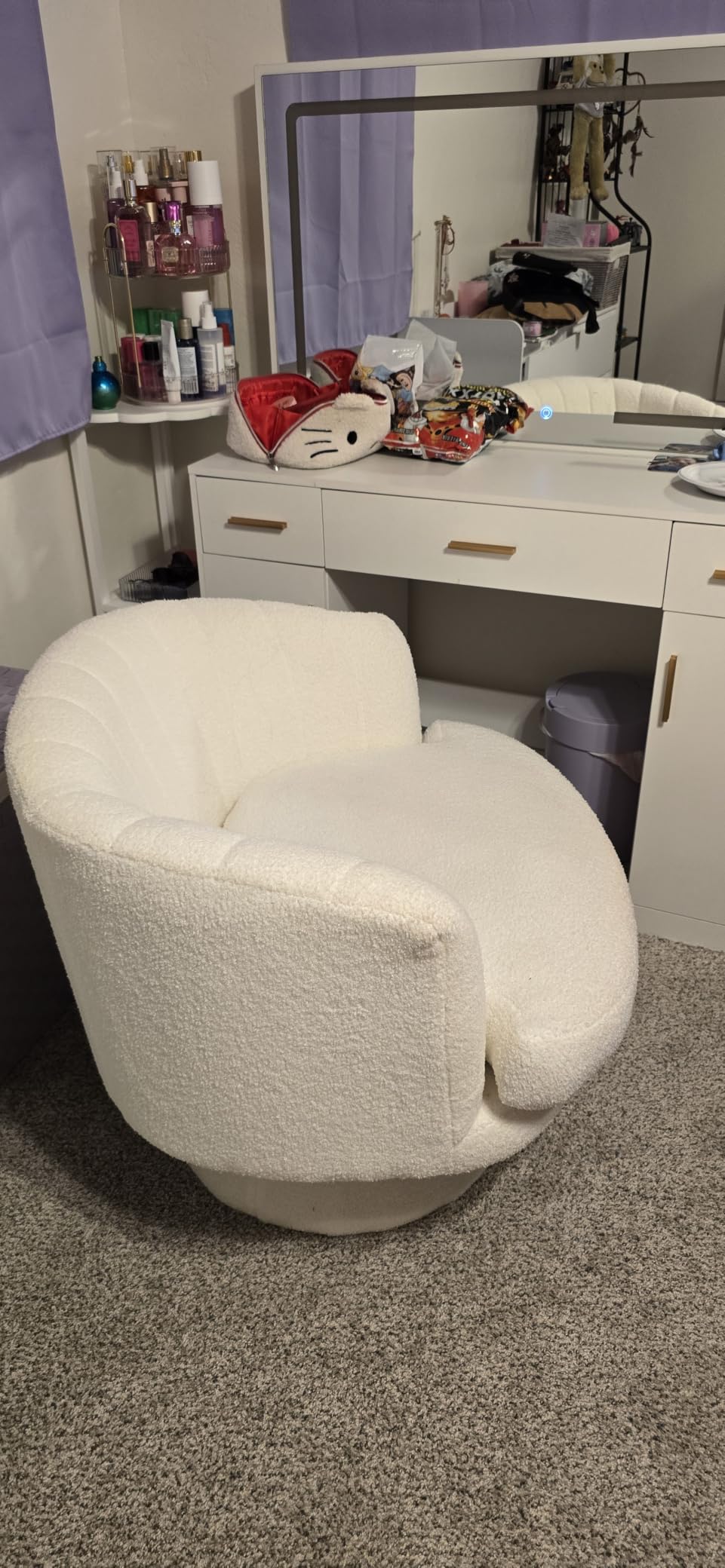 CANMOV Swivel Accent Chair with Armrest, Modern 360 Degree Swivel Barrel Chair with Curve Back and Soft Cushion,Comfy Round Sherpa Teddy Armchair Single Sofa for Living Room,Bedroom,Waiting Room,Beige customer photo 1