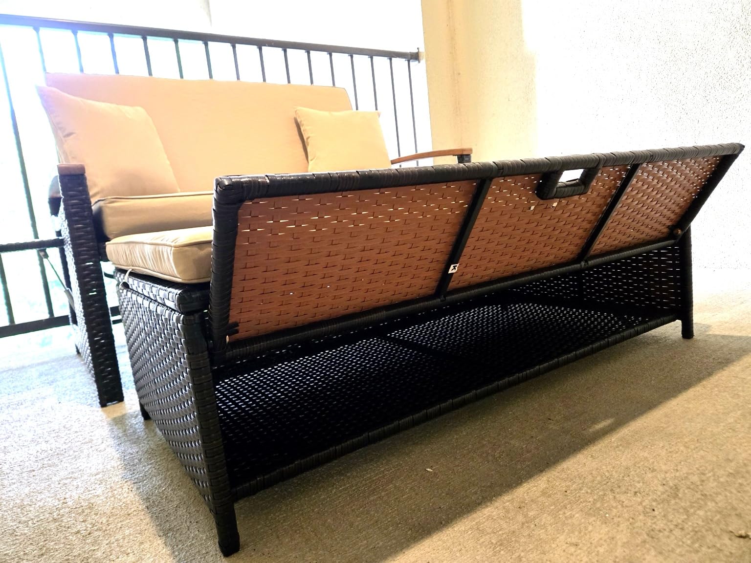 COSTWAY Patio Rattan Daybed, Outdoor Loveseat Sofa with Storage Ottoman, 4-Level Adjustable Backrest & Acacia Wood Armrest, Outdoor Wicker Daybed with Side Panels for Yard, Deck, Poolside (Beige) customer photo 1