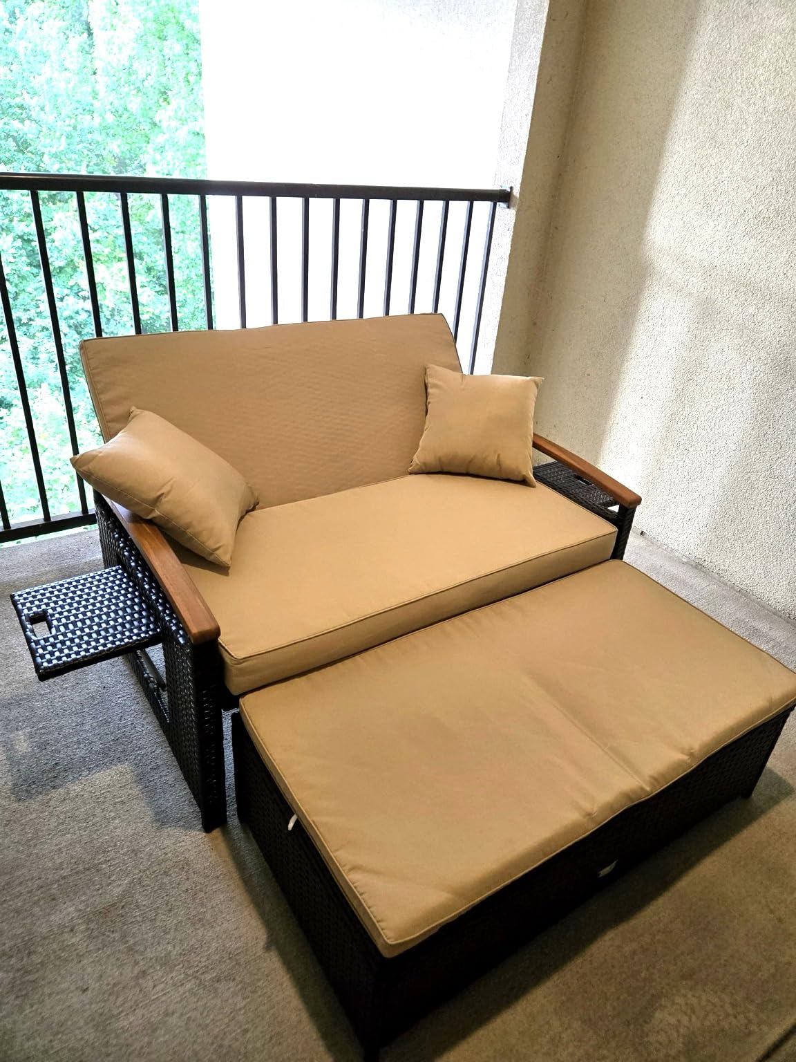 COSTWAY Patio Rattan Daybed, Outdoor Loveseat Sofa with Storage Ottoman, 4-Level Adjustable Backrest & Acacia Wood Armrest, Outdoor Wicker Daybed with Side Panels for Yard, Deck, Poolside (Beige) customer photo 2
