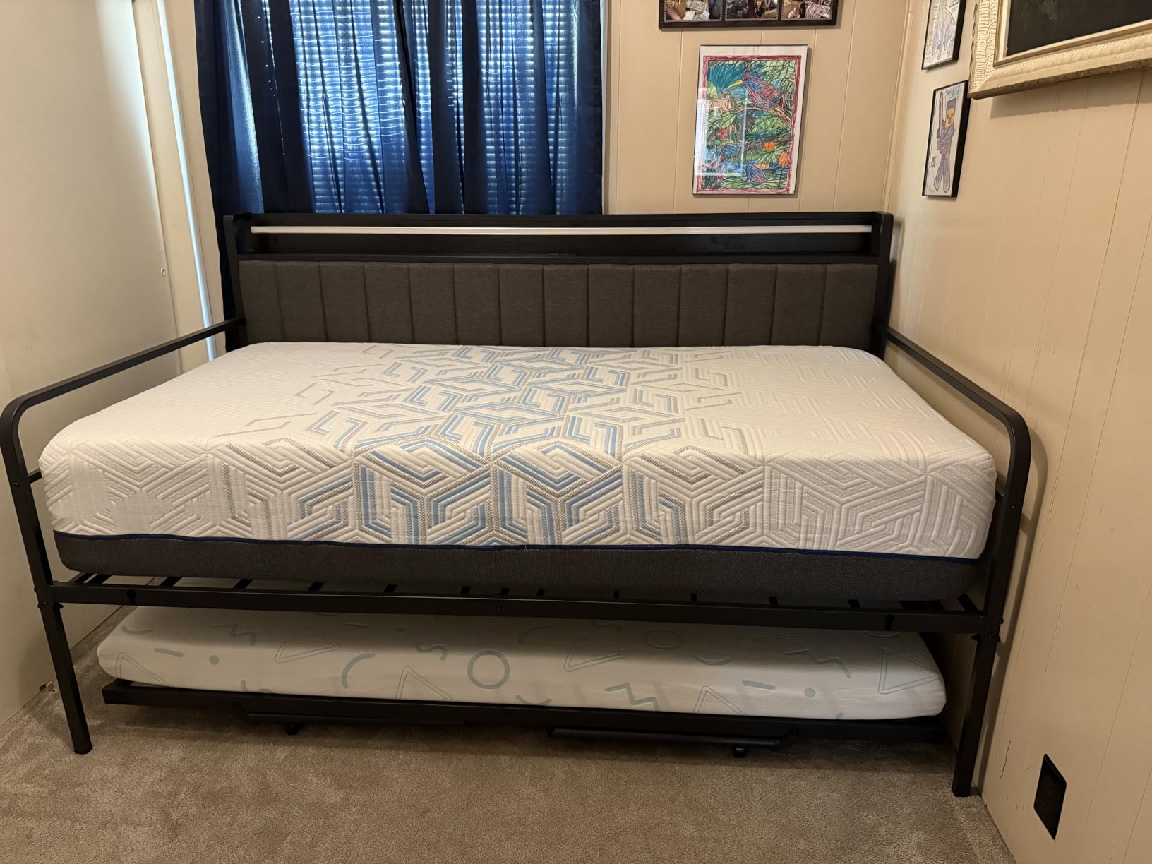 Daybed with Trundle and LED Light, Heavy Duty Metal Twin Bed Frame with Upholstered Storage Headboard & Charging Station, Day Bed Pop Up Trundle Bed Twin for Living Room,Bedroom and Guest Room, Brown customer photo 1