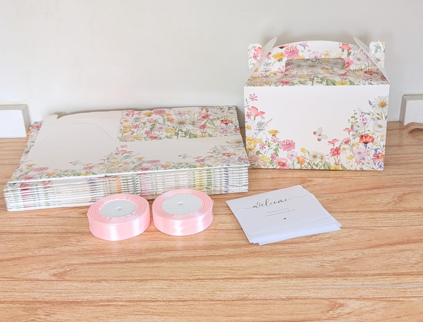24 Set Green Floral Wedding Welcome Box with Ribbon, Label 9x6x6'' | Paper Favor Kit with Ribbon for Guests, Bridal Shower Gifts, Something Blue Tradition, Baby Shower Birthday Party Goodie customer photo 1