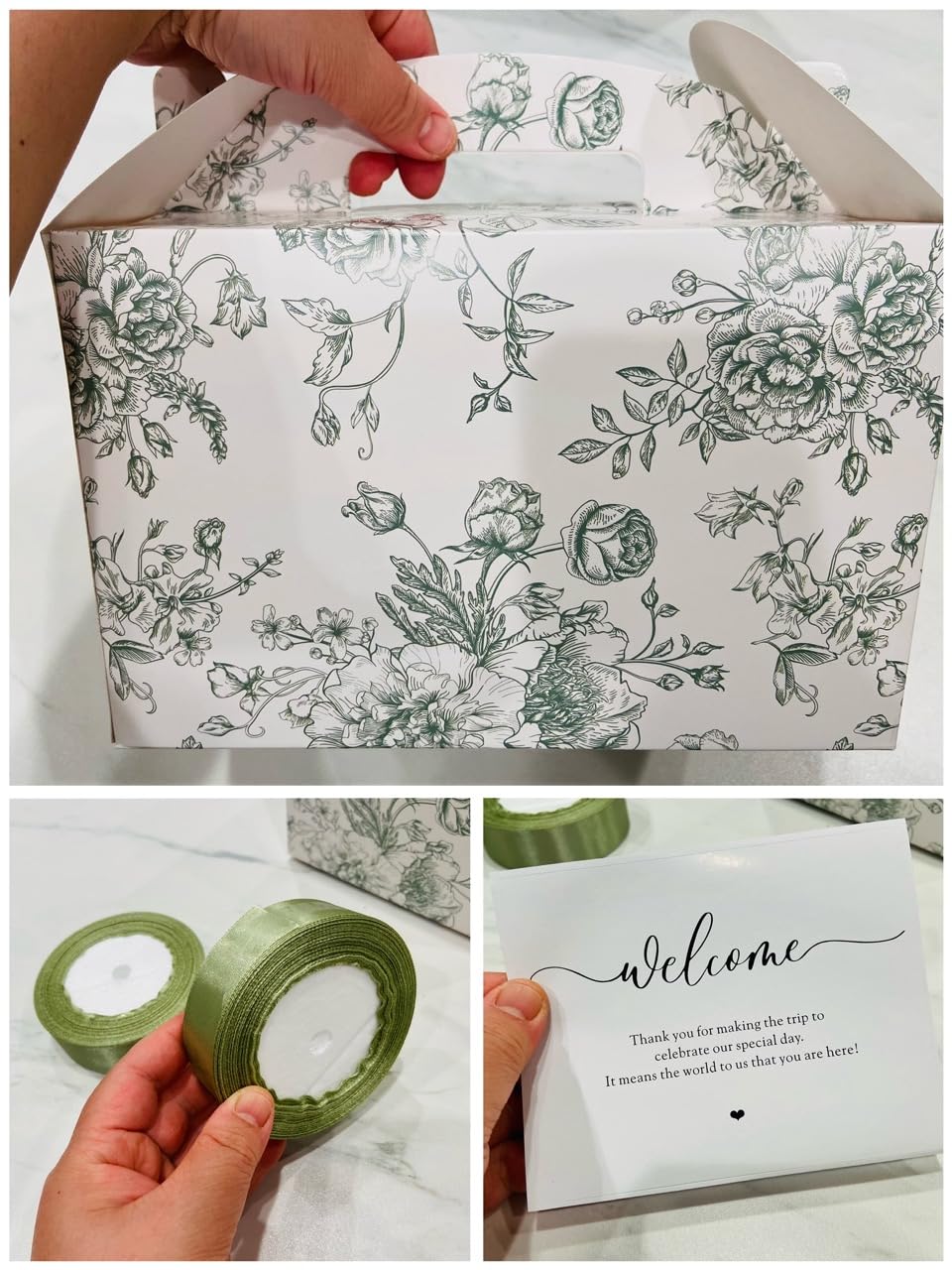 24 Set Green Floral Wedding Welcome Box with Ribbon, Label 9x6x6'' | Paper Favor Kit with Ribbon for Guests, Bridal Shower Gifts, Something Blue Tradition, Baby Shower Birthday Party Goodie customer photo 2