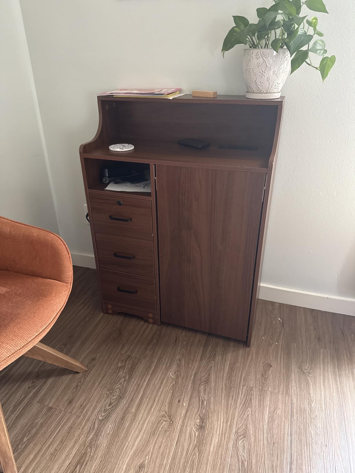 Fold Out Desk with Storage, Hidden Desk with Lockable Drawers & Shelves, Built-in Power Outlet,Folding Desk for Study and Home Office (Walnut) customer photo 2