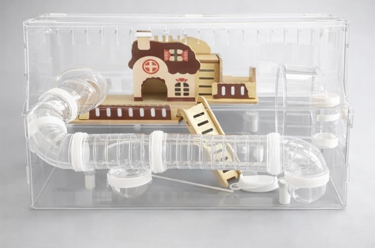 8 in 1 Acrylic Hamster Cage,2 Tier Dwarf Hamster Cage with 360° Transparent Viewing,Hamster Habitat Gerbil cage Top Open Mouse Cage with Tubes for Pet Mice (Clear, 17.7