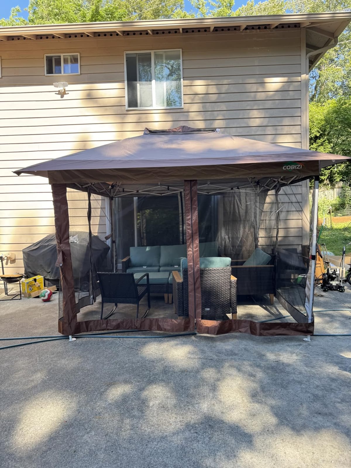 COBIZI 12x12 Pop Up Gazebos On Clearance - Upgrade Easy Up Metal Outdoor Gazebo Waterproof - Portable Gazebo with Mosquito Nettings, 4 Ropes 8 Stakes and Carry Bag for Patio Garden(Coffee) customer photo 1